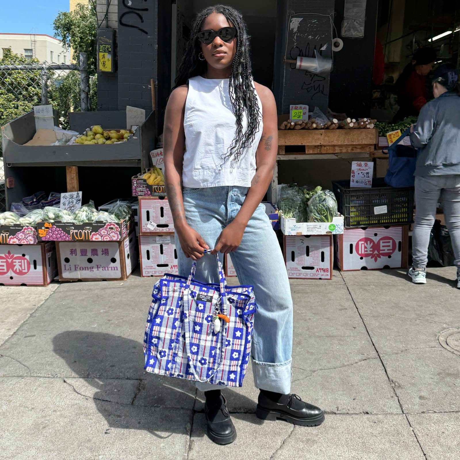 Large Nylon Market Bag in Market Plaid Blue