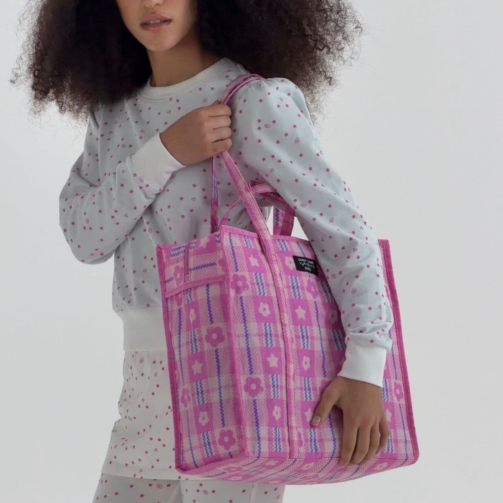 Large Nylon Market Bag in Market Plaid Pink