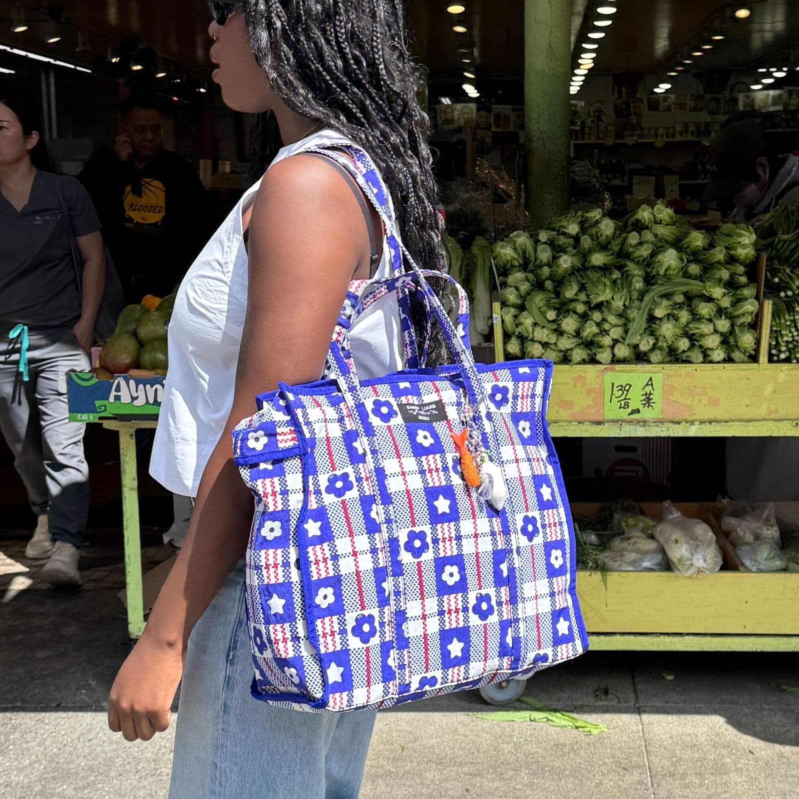 Large Nylon Market Bag in Market Plaid Blue
