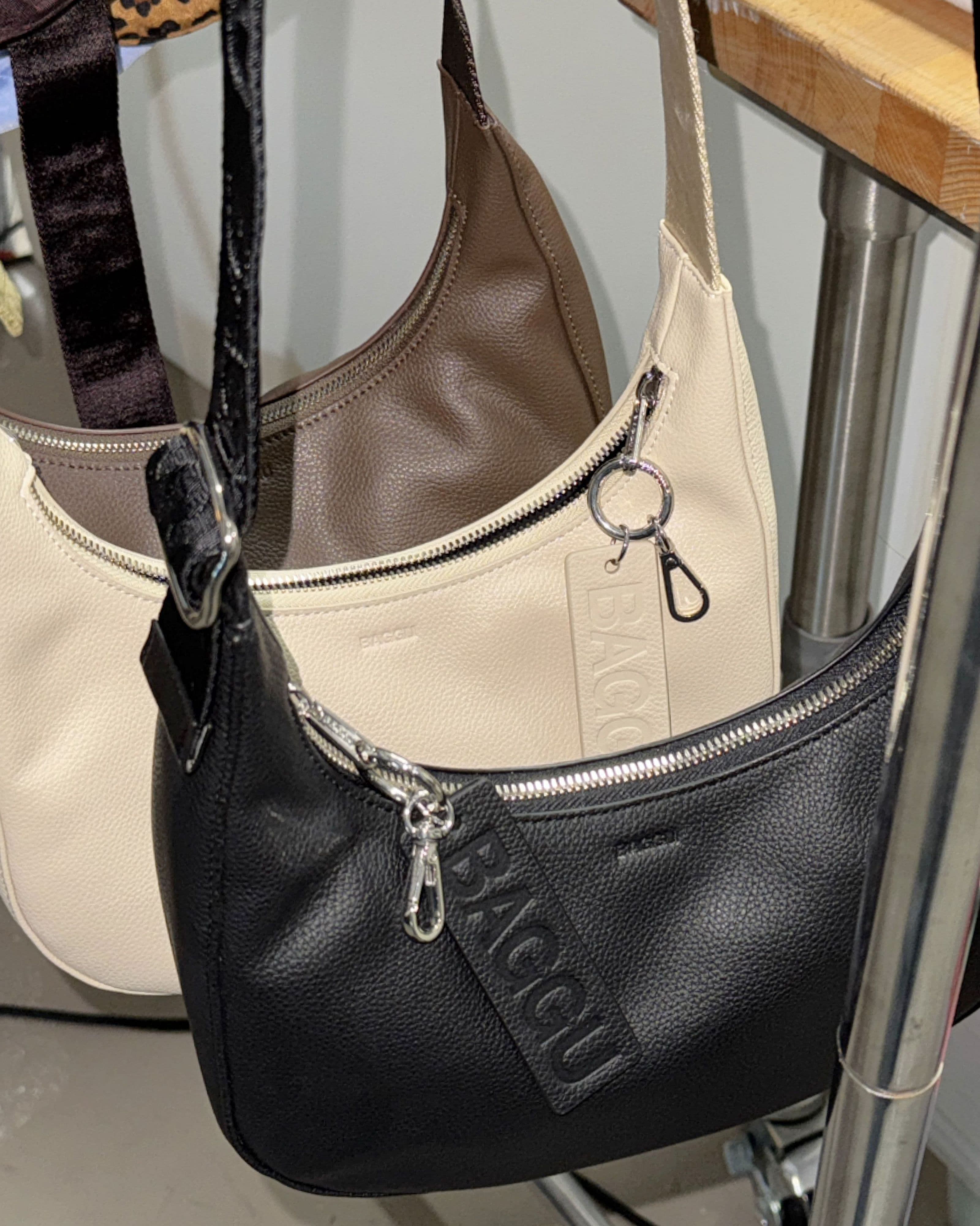 Small Recycled Leather Crescent Bag in Black