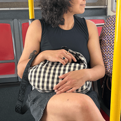 Medium Nylon Crescent Bag in Black and Cream Gingham