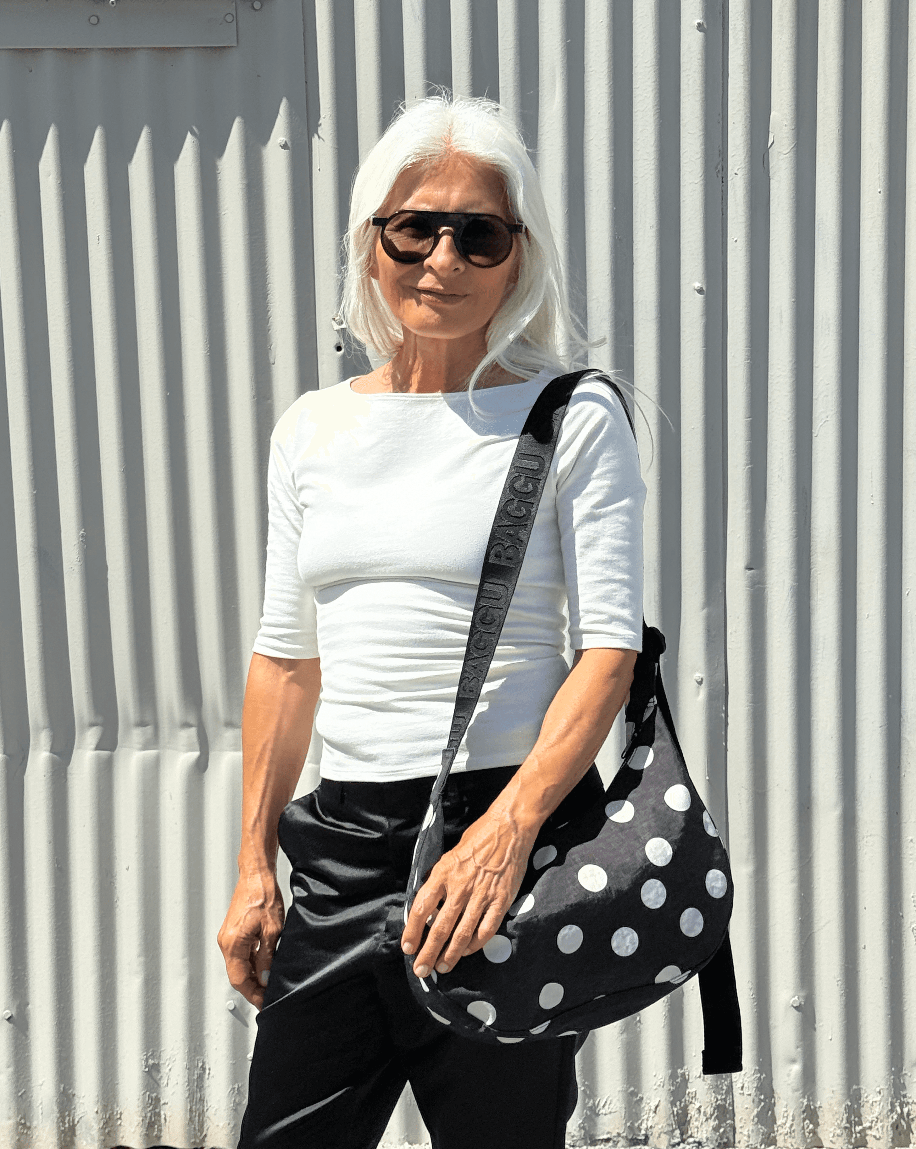 Medium Nylon Crescent Bag in Black and Cream Polka Dot