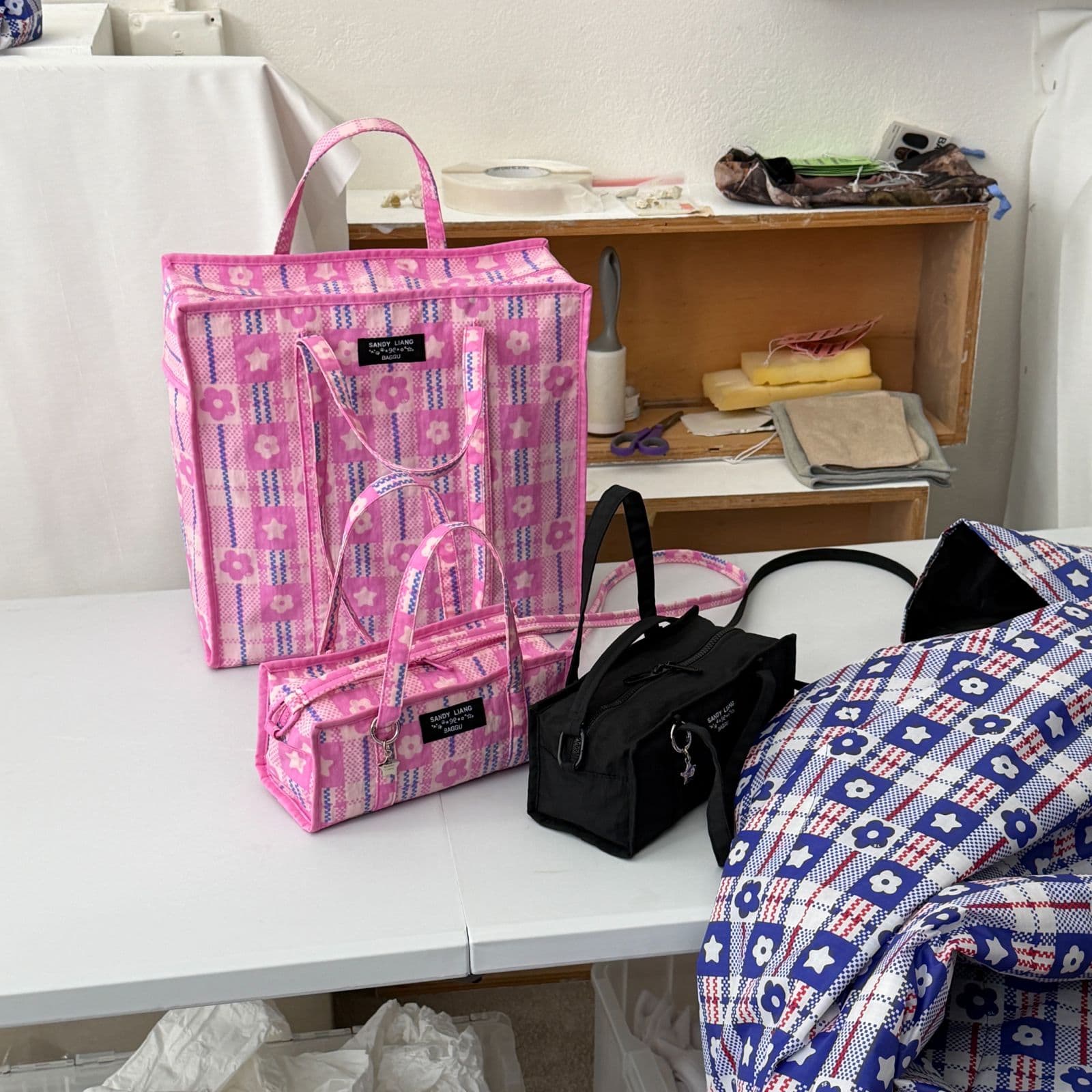 Large Nylon Market Bag in Market Plaid Pink