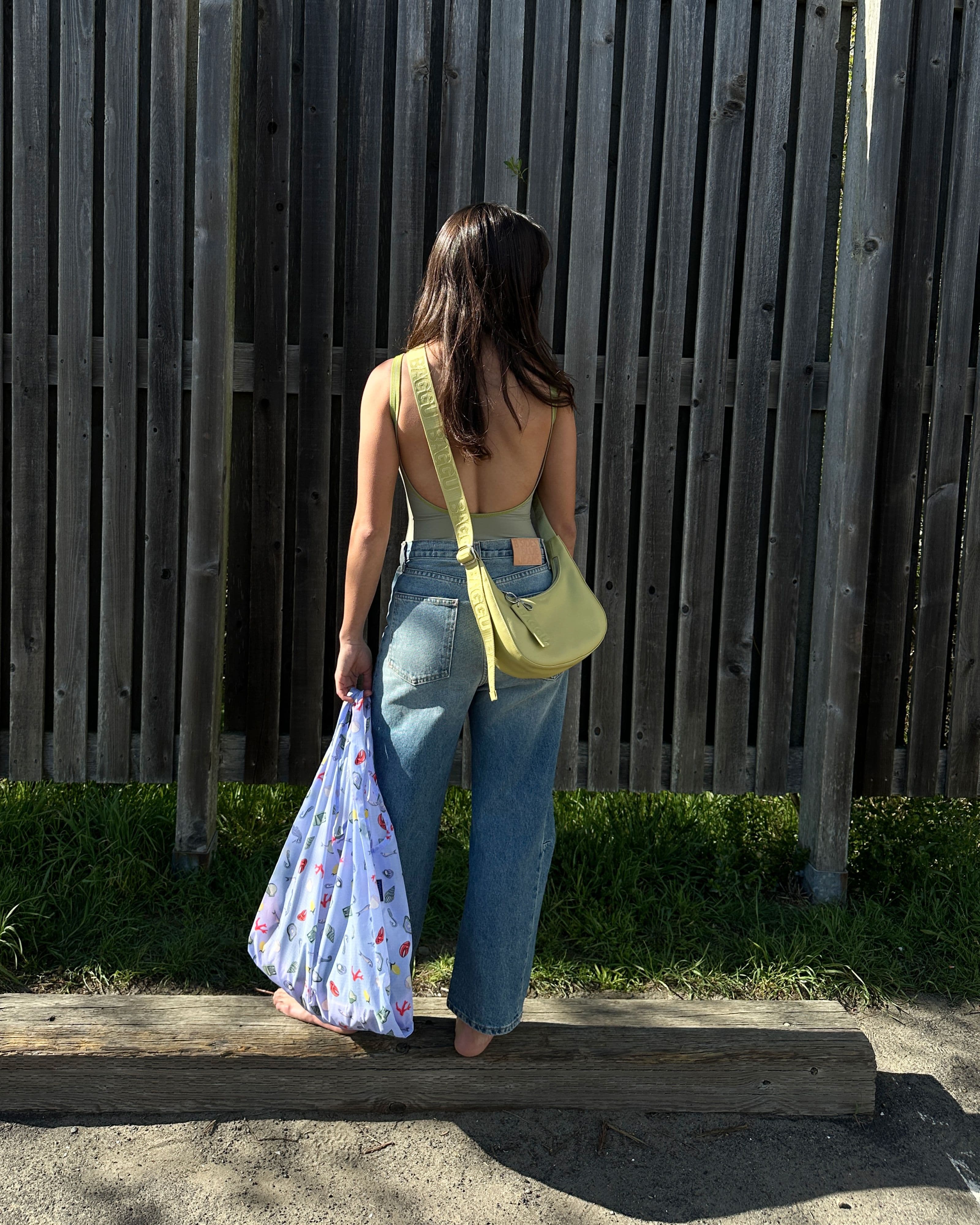 Small Recycled Leather Crescent Bag in Straw