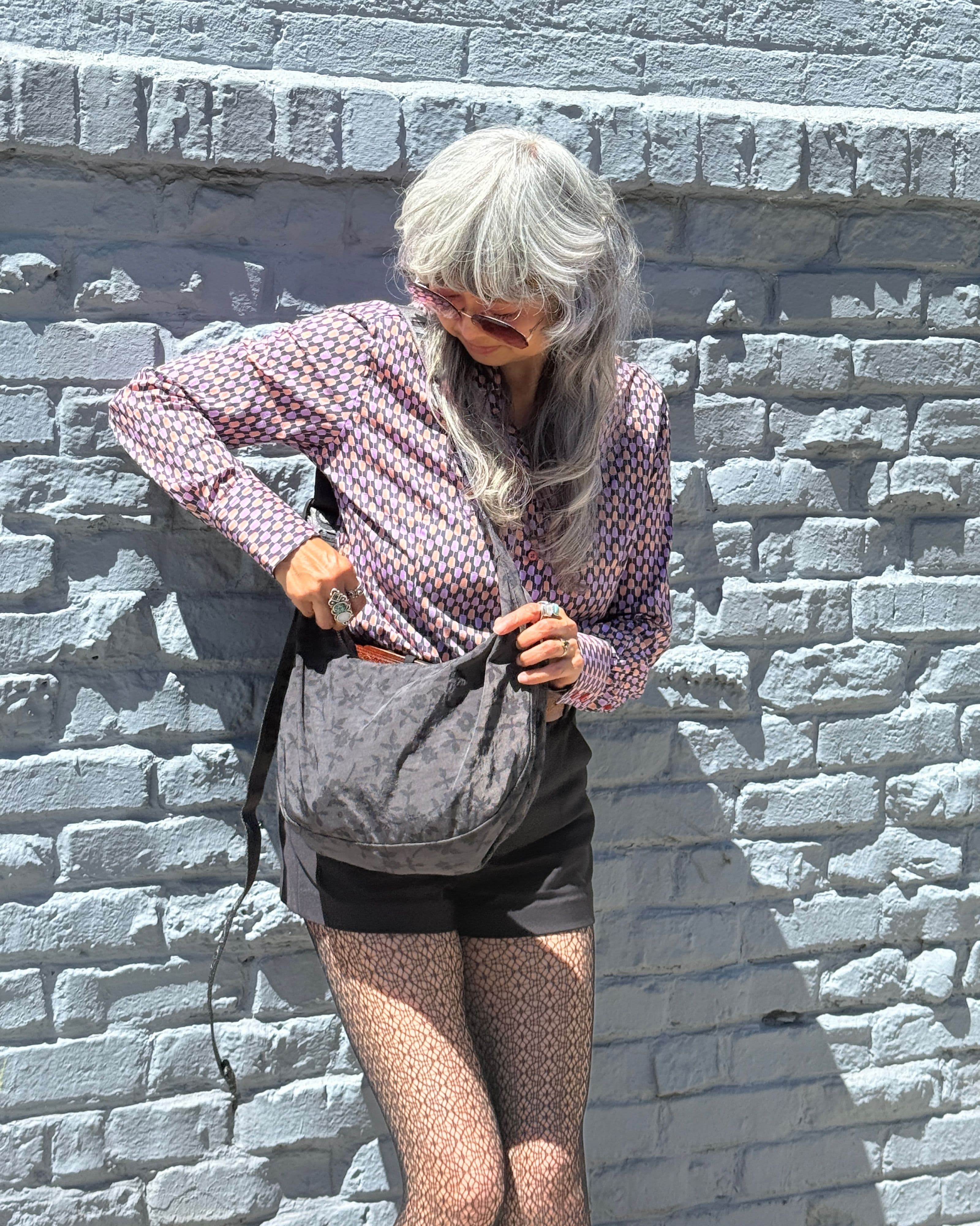 Medium Nylon Crescent Bag in Charcoal Ditsy Floral